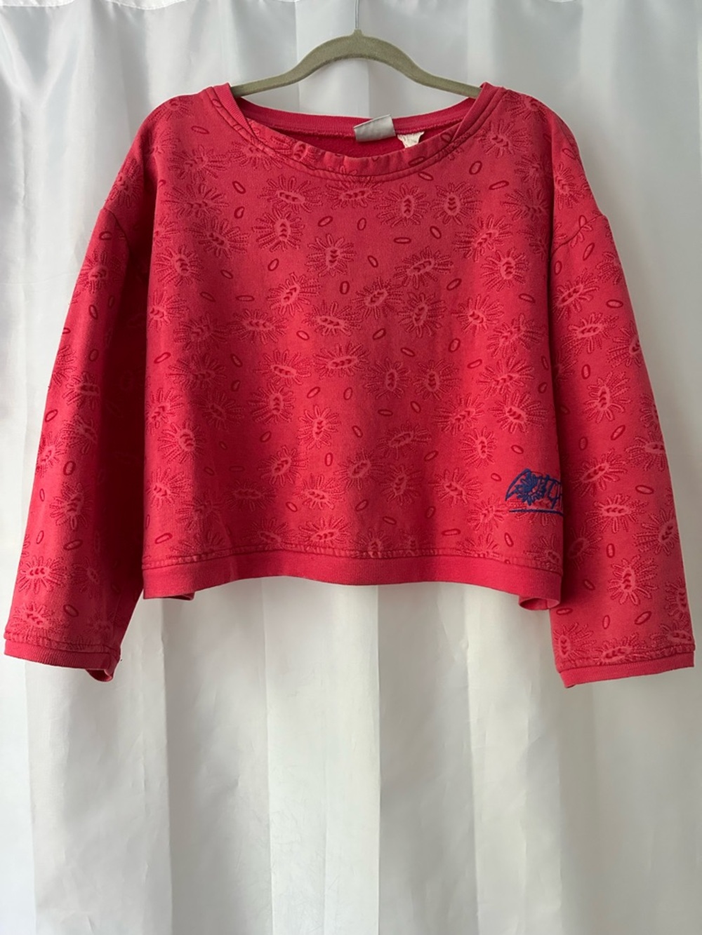 Vintage 90s GOTCHA Coral Red Eyelet Floral Crop Sweatshirt Surf Skate Y2K Logo